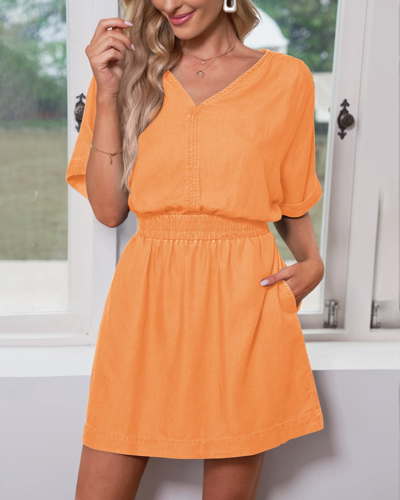 Waistband slimming V-neck denim dress with Pockets