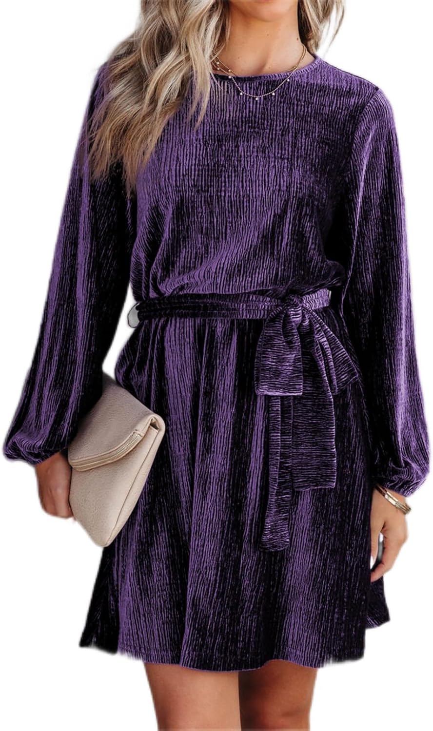 Women's Velvet Lantern Sleeve High Waist Dress