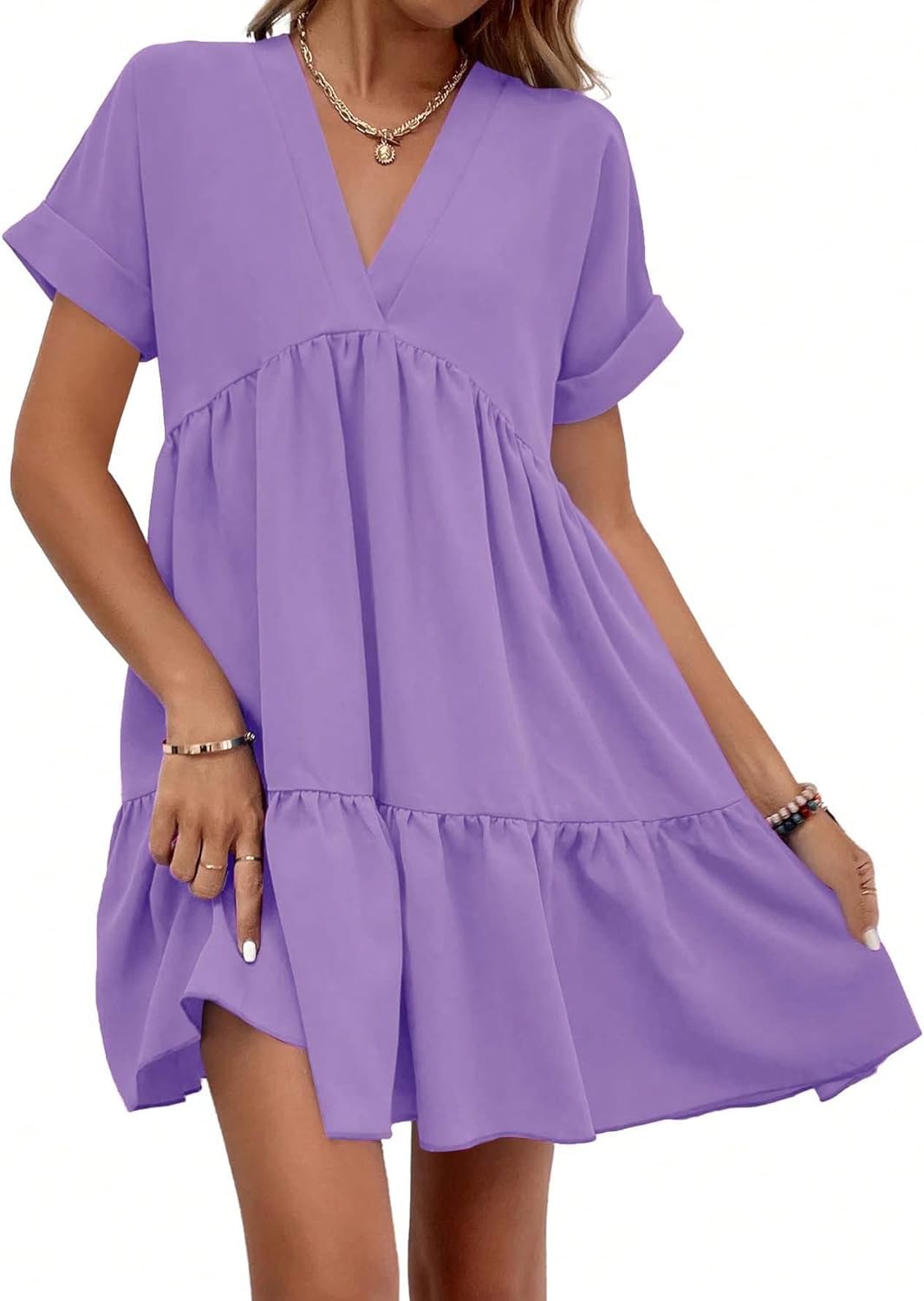 Women's Roll Up Short Sleeve V Neck Solid Smock Dress