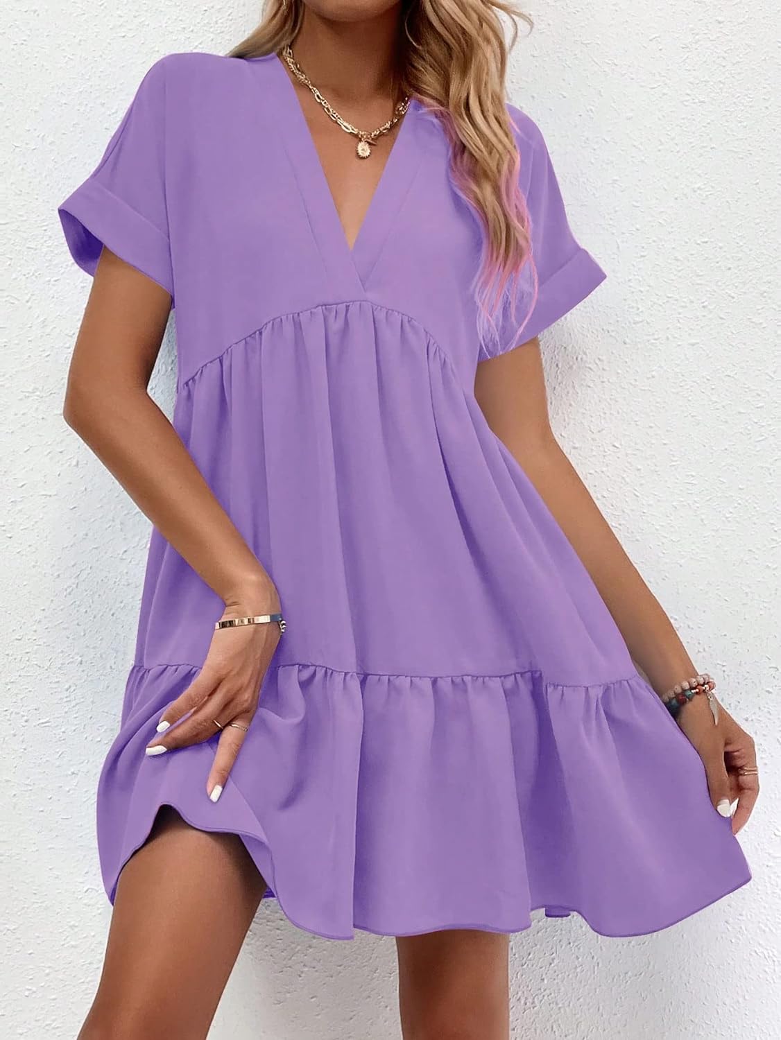 Women's Roll Up Short Sleeve V Neck Solid Smock Dress