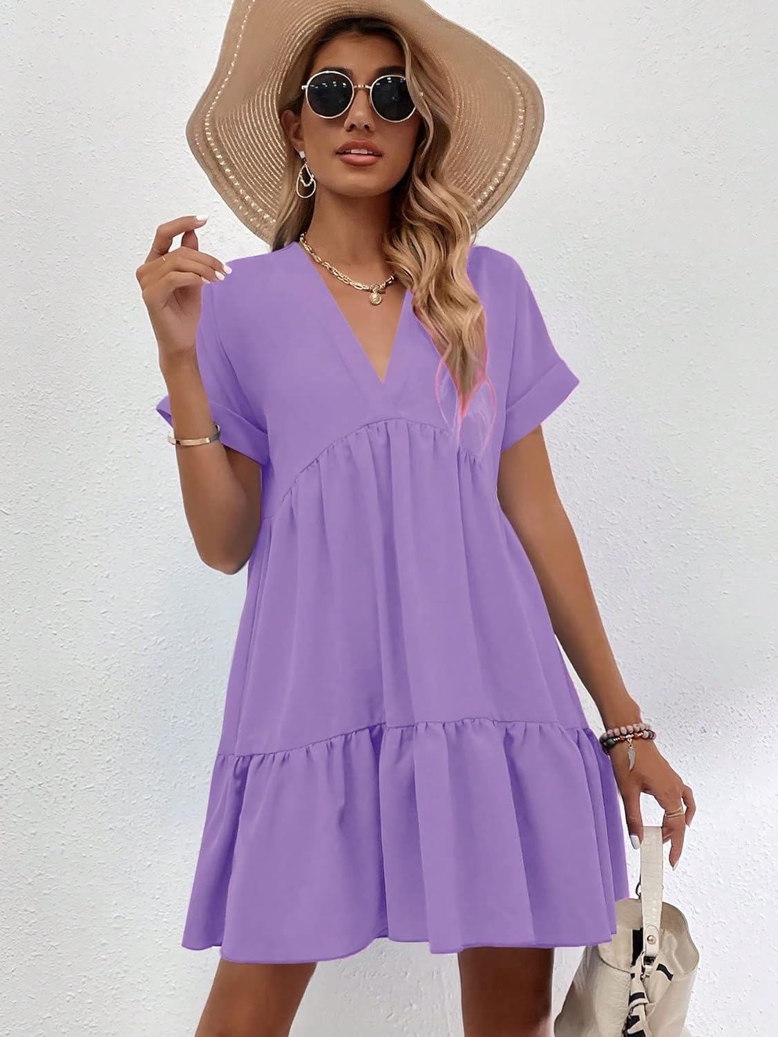 Women's Roll Up Short Sleeve V Neck Solid Smock Dress
