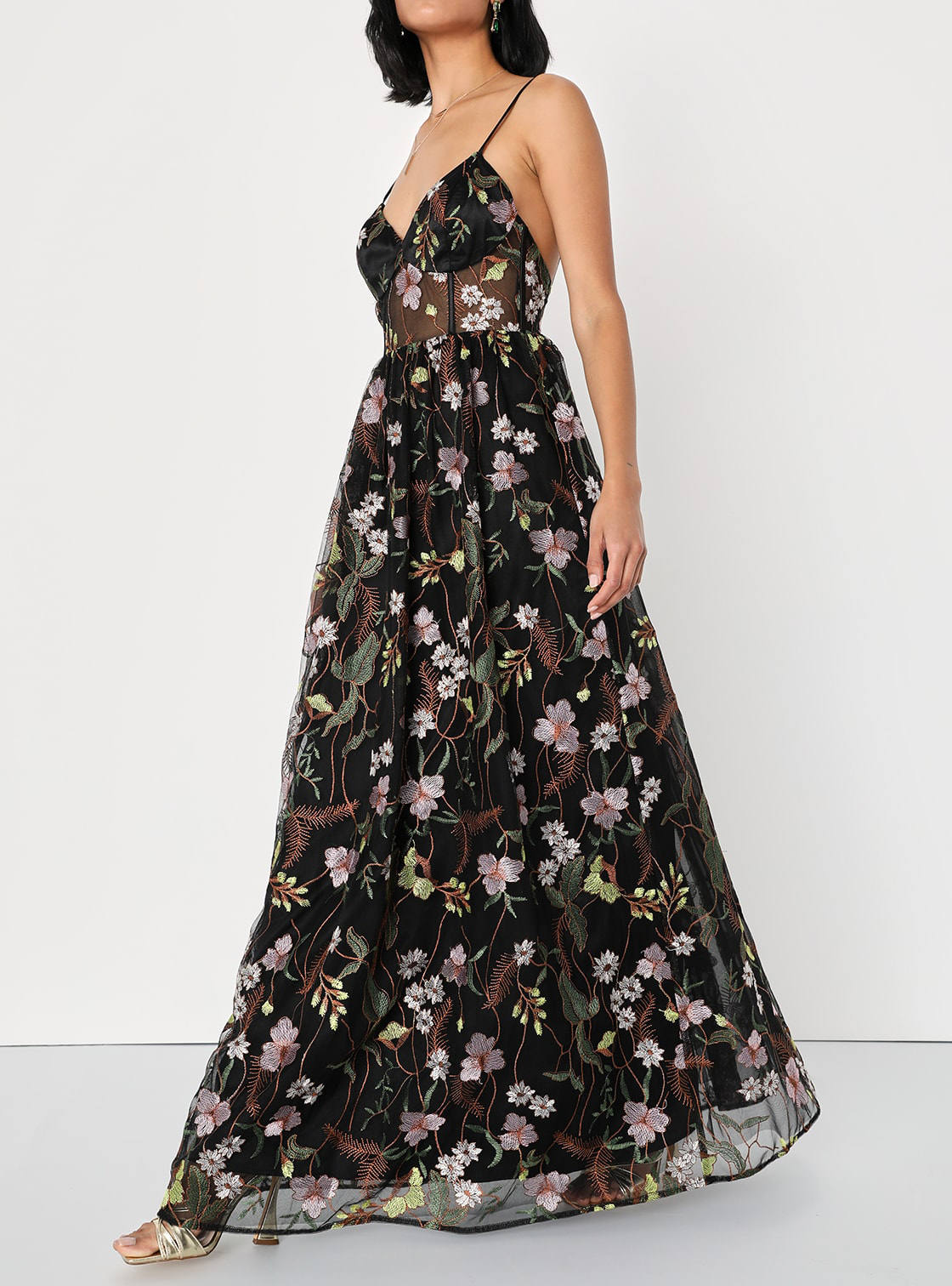 Black Floral Embroidered Tulle Maxi Dress