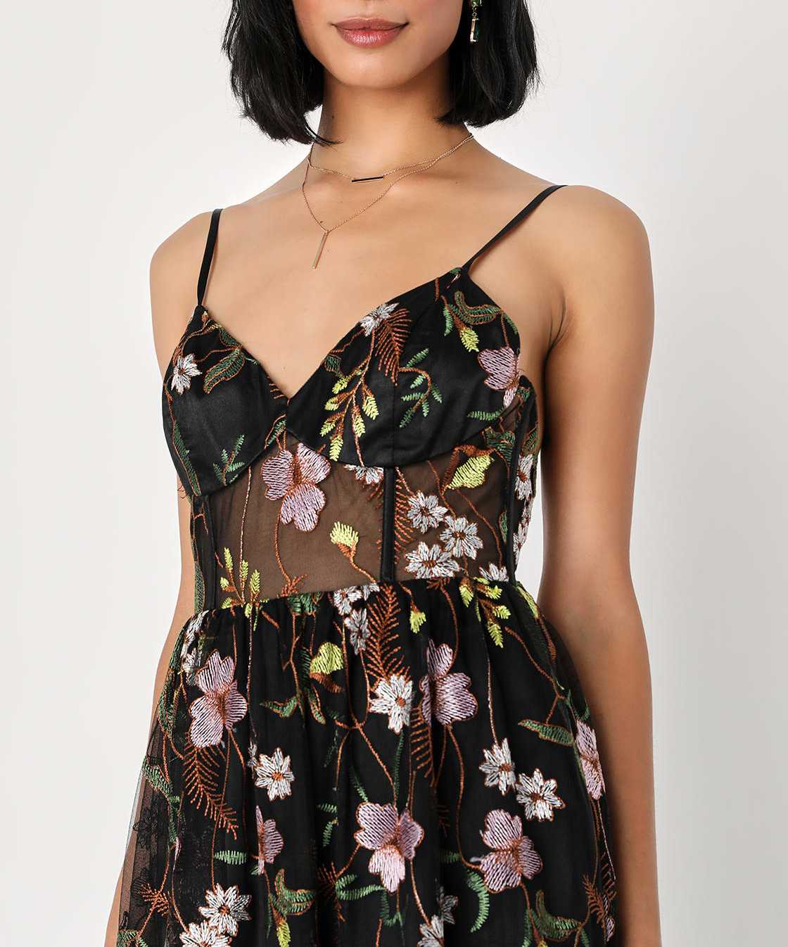 Black Floral Embroidered Tulle Maxi Dress