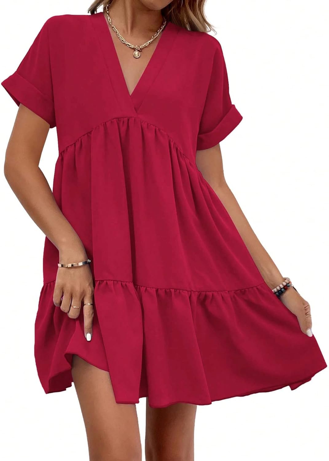Women's Roll Up Short Sleeve V Neck Solid Smock Dress