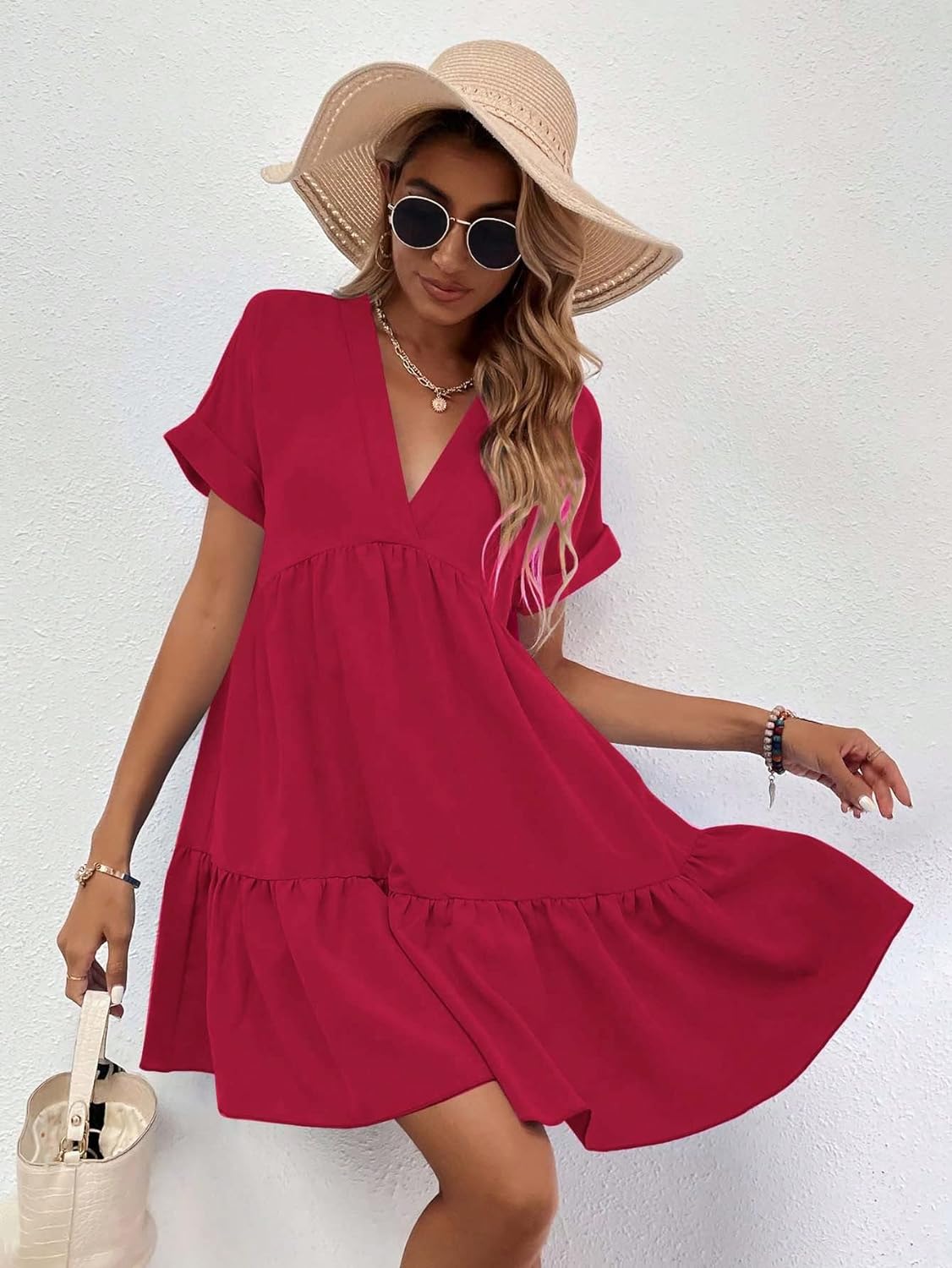 Women's Roll Up Short Sleeve V Neck Solid Smock Dress