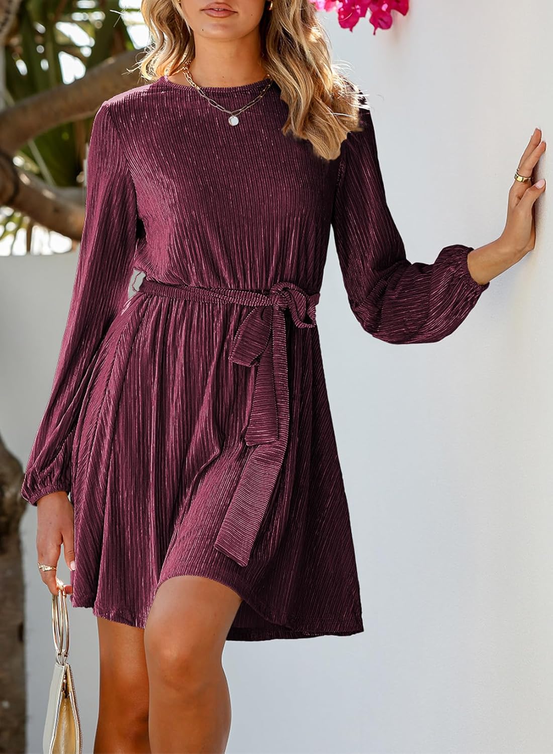 Women's Velvet Lantern Sleeve High Waist Dress