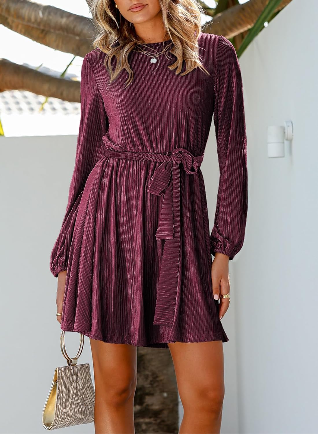 Women's Velvet Lantern Sleeve High Waist Dress