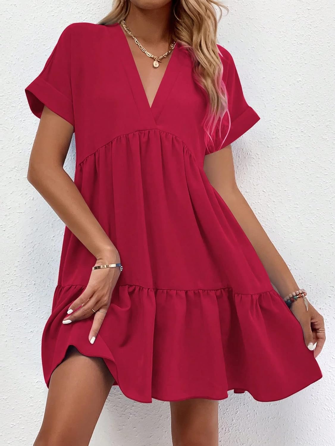 Women's Roll Up Short Sleeve V Neck Solid Smock Dress