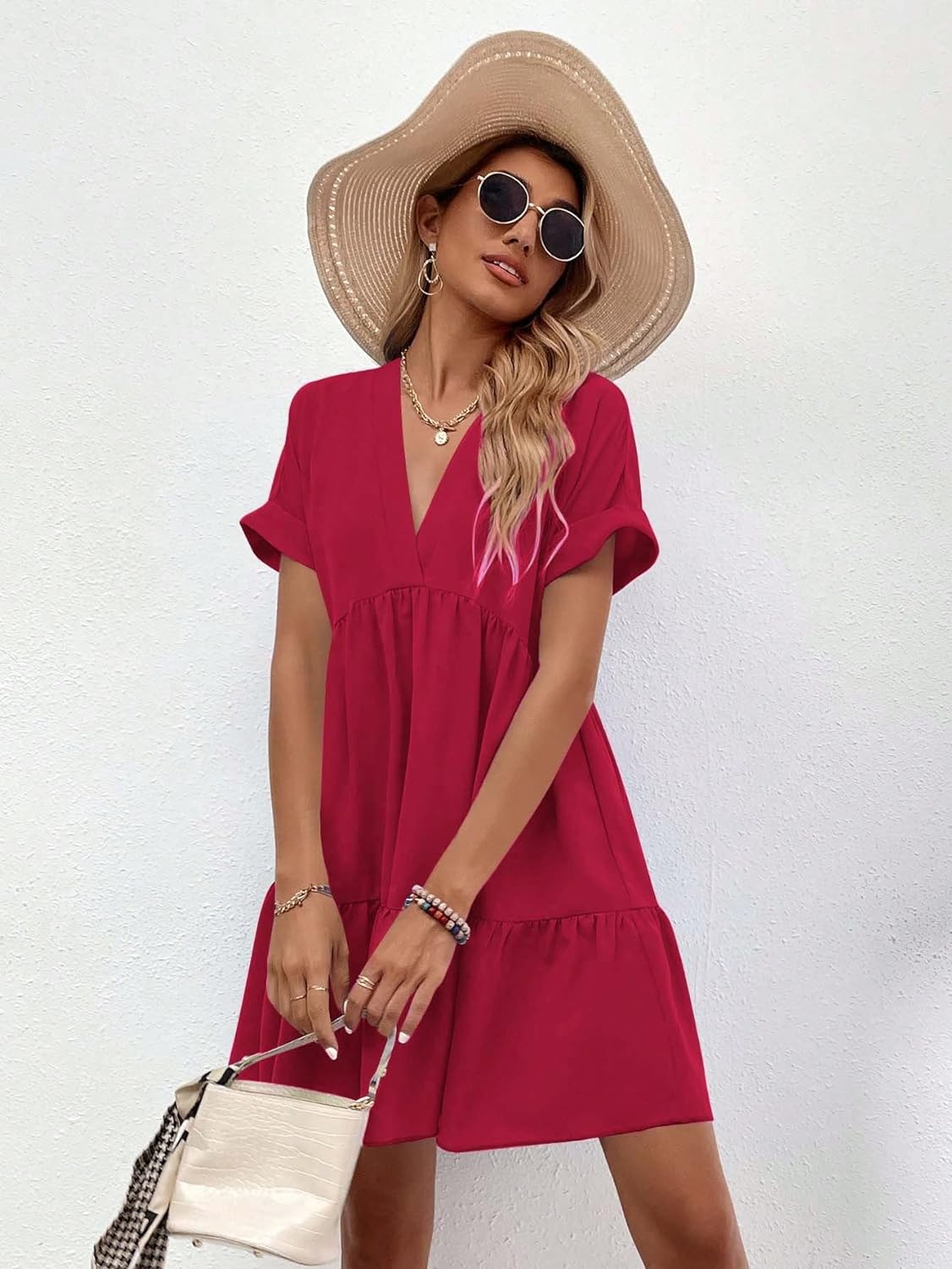 Women's Roll Up Short Sleeve V Neck Solid Smock Dress