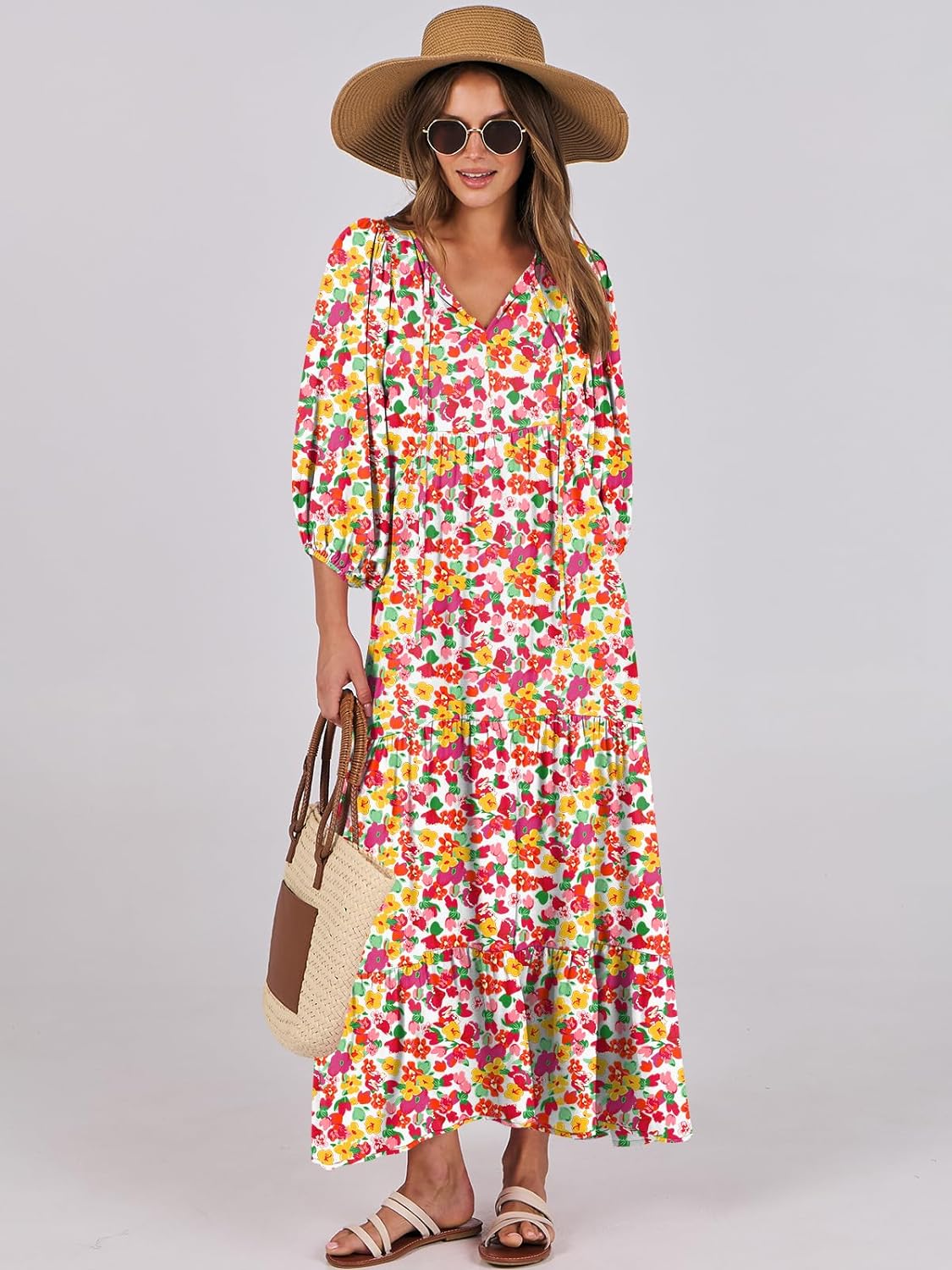 2024 Summer V Neck Puff Sleeve Floral Casual Long Dress