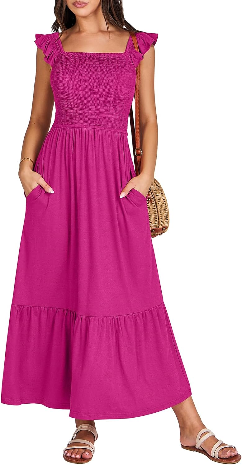 Women’s Summer Maxi Dress Square Neck Ruffle Sleeveless Smocked Tiered Casual Beach Sundress with Pockets