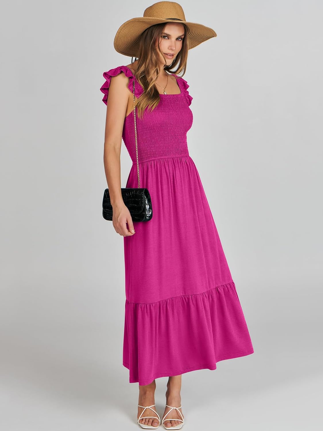 Women’s Summer Maxi Dress Square Neck Ruffle Sleeveless Smocked Tiered Casual Beach Sundress with Pockets