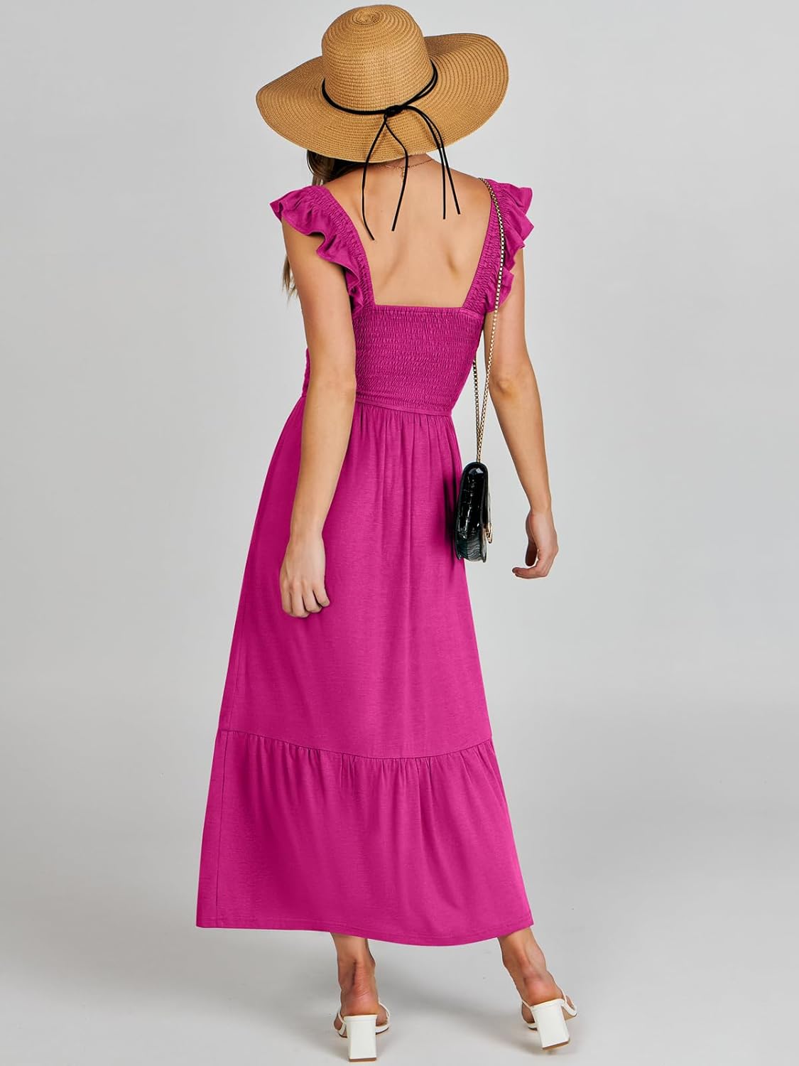 Women’s Summer Maxi Dress Square Neck Ruffle Sleeveless Smocked Tiered Casual Beach Sundress with Pockets