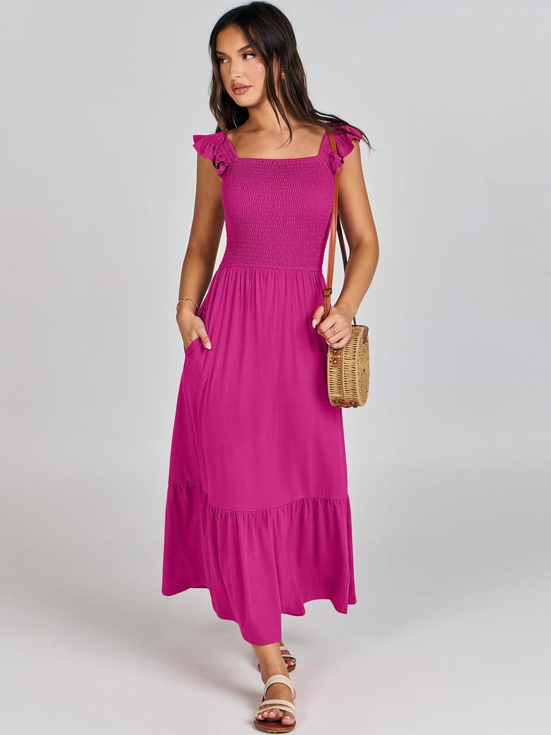 Women’s Summer Maxi Dress Square Neck Ruffle Sleeveless Smocked Tiered Casual Beach Sundress with Pockets