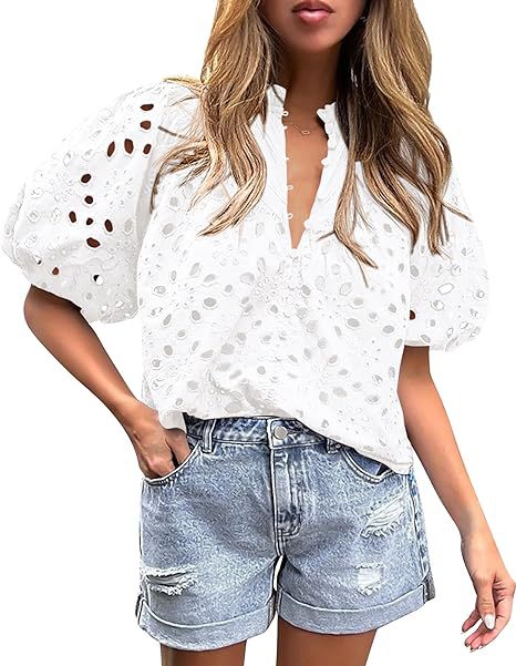 Women's Hollow Embroidered V Neck Shirt Top (BUY 2 FREE SHIPPING)
