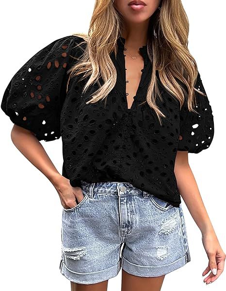 Women's Hollow Embroidered V Neck Shirt Top (BUY 2 FREE SHIPPING)