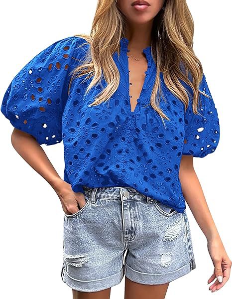 Women's Hollow Embroidered V Neck Shirt Top (BUY 2 FREE SHIPPING)