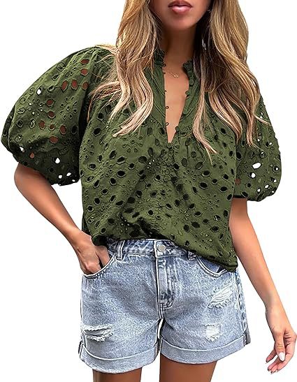 Women's Hollow Embroidered V Neck Shirt Top (BUY 2 FREE SHIPPING)