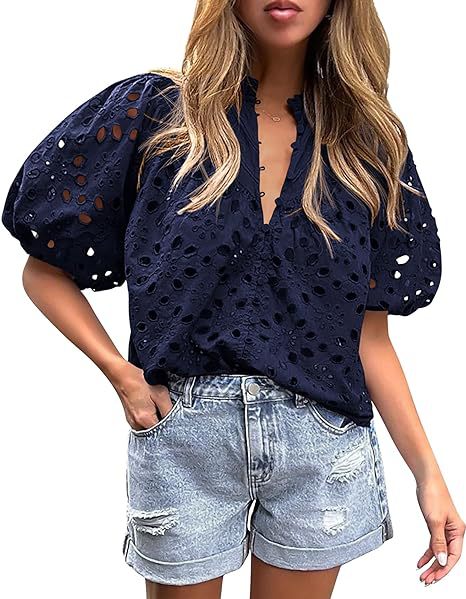 Women's Hollow Embroidered V Neck Shirt Top (BUY 2 FREE SHIPPING)