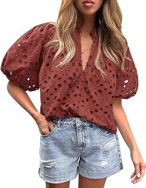 Women's Hollow Embroidered V Neck Shirt Top (BUY 2 FREE SHIPPING)