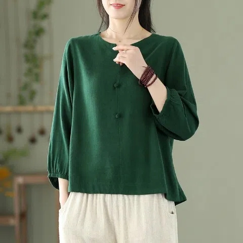 Round Neck Solid Color Cotton Linen Three Quarter Sleeve Top