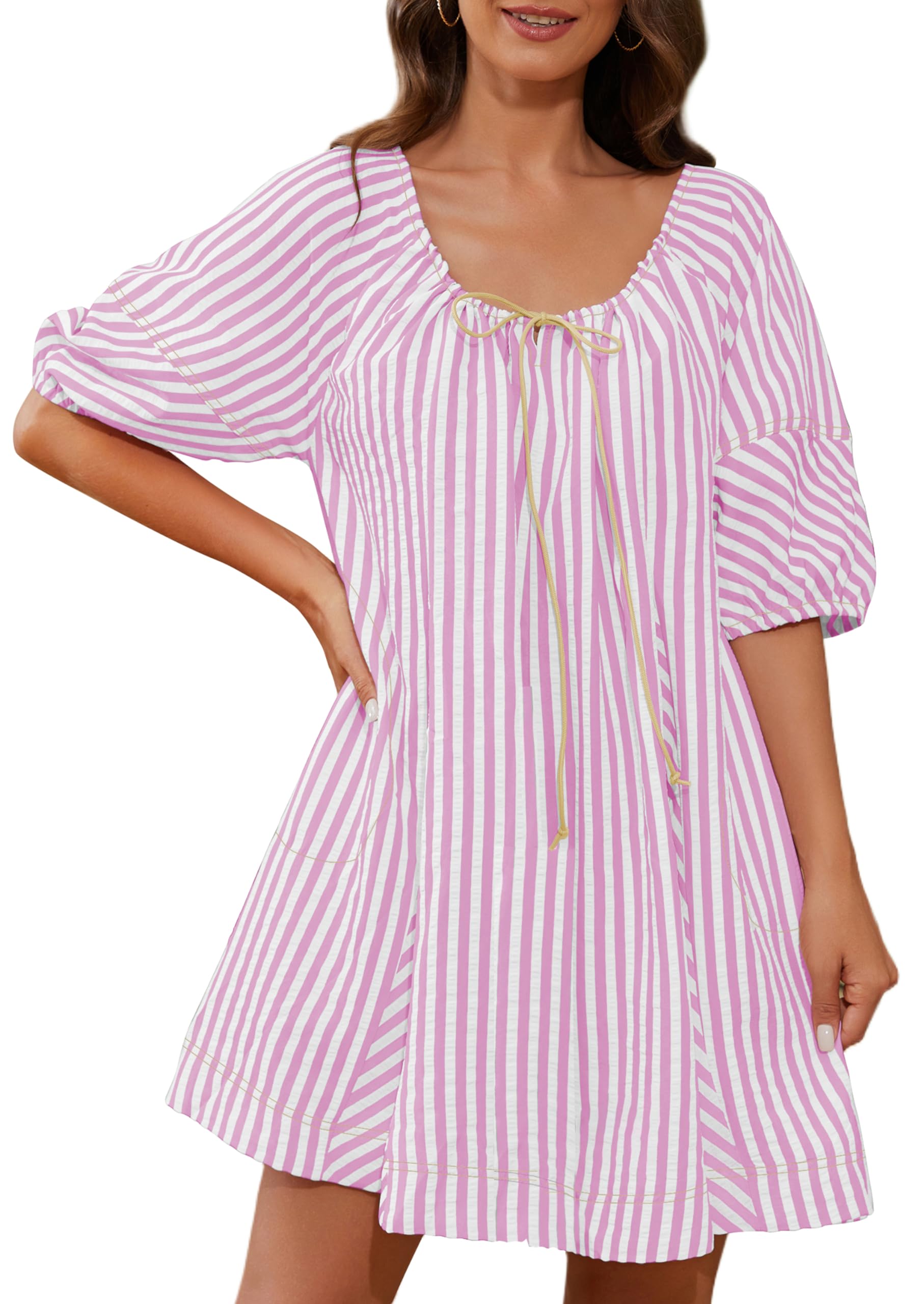 🔥2024 Summer Hot🔥Striped Puff Sleeve Scoop Neck Keyhole Back Swing Dress