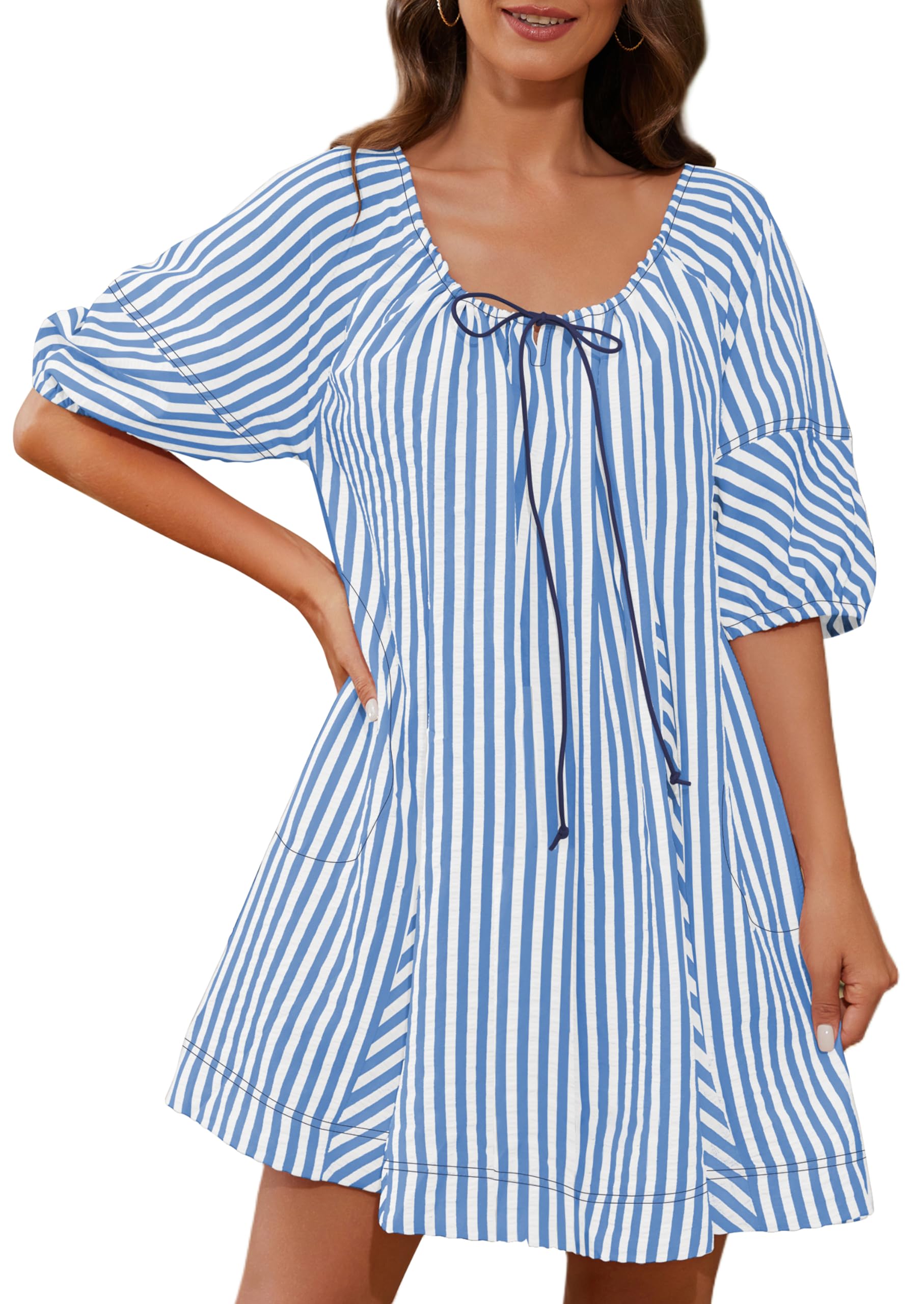 🔥2024 Summer Hot🔥Striped Puff Sleeve Scoop Neck Keyhole Back Swing Dress