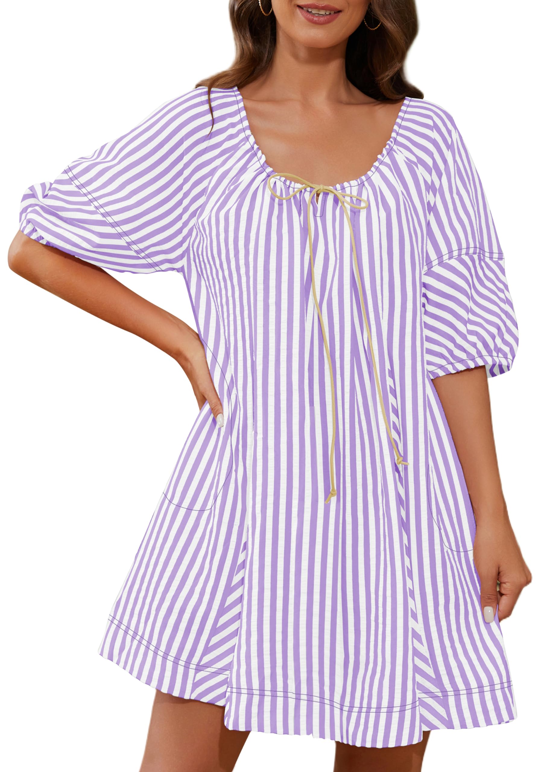 🔥2024 Summer Hot🔥Striped Puff Sleeve Scoop Neck Keyhole Back Swing Dress