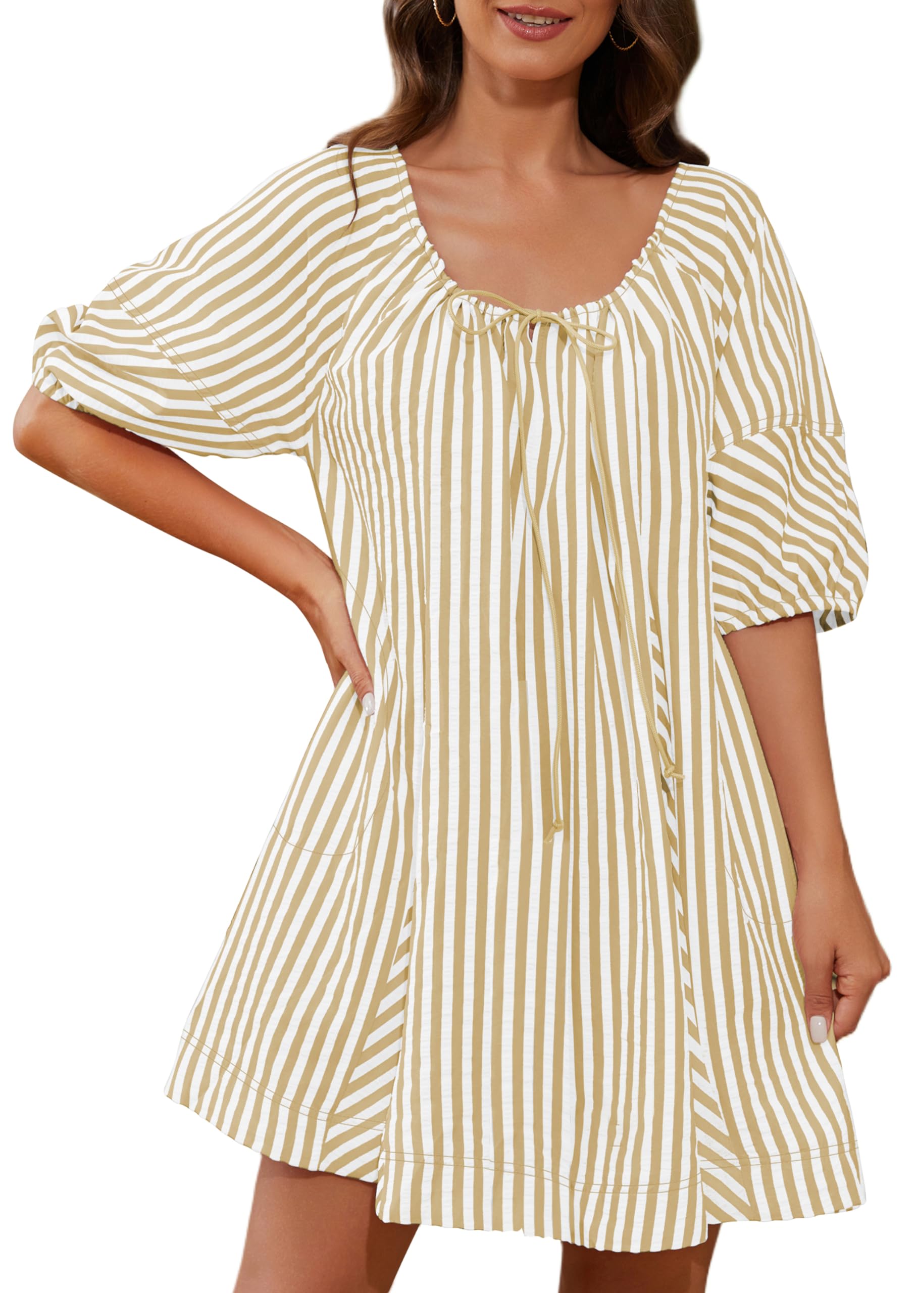 🔥2024 Summer Hot🔥Striped Puff Sleeve Scoop Neck Keyhole Back Swing Dress
