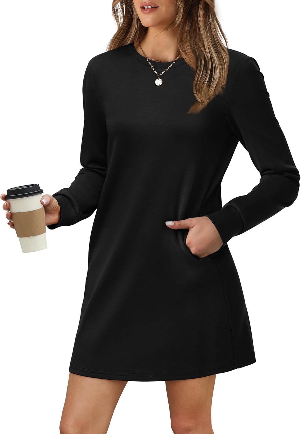 Women's Long Sleeve Casual Loose Fit Fall Fashion Crewneck Mini Dress with Pockets
