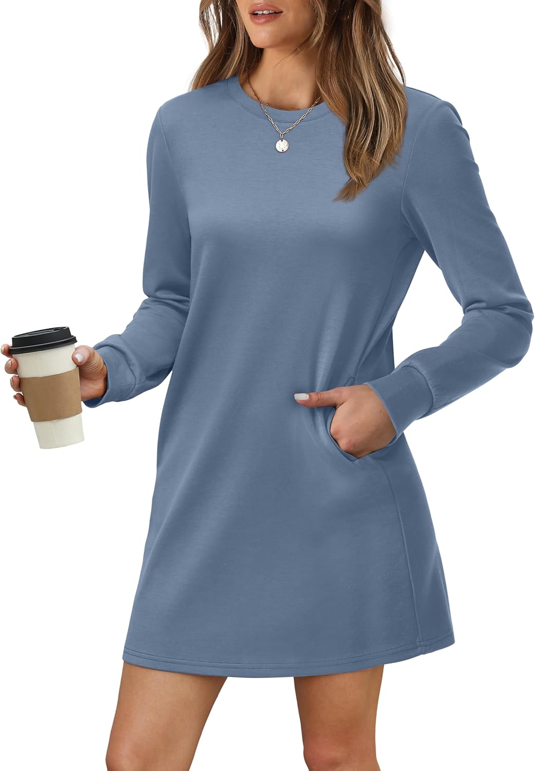 Women's Long Sleeve Casual Loose Fit Fall Fashion Crewneck Mini Dress with Pockets