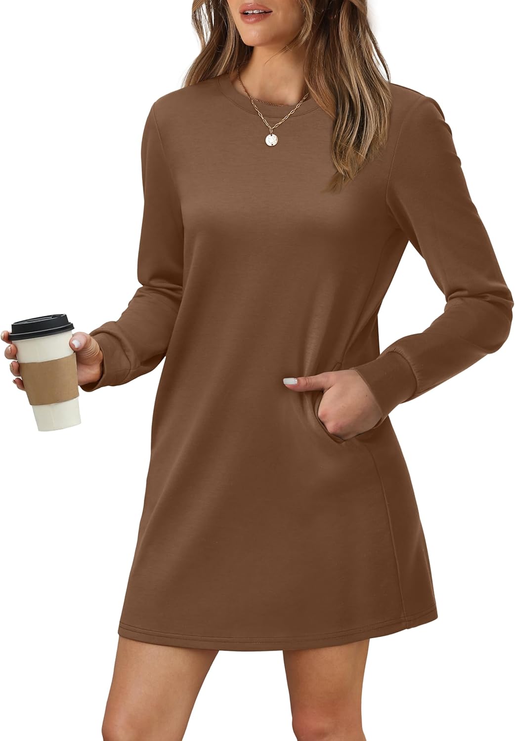 Women's Long Sleeve Casual Loose Fit Fall Fashion Crewneck Mini Dress with Pockets