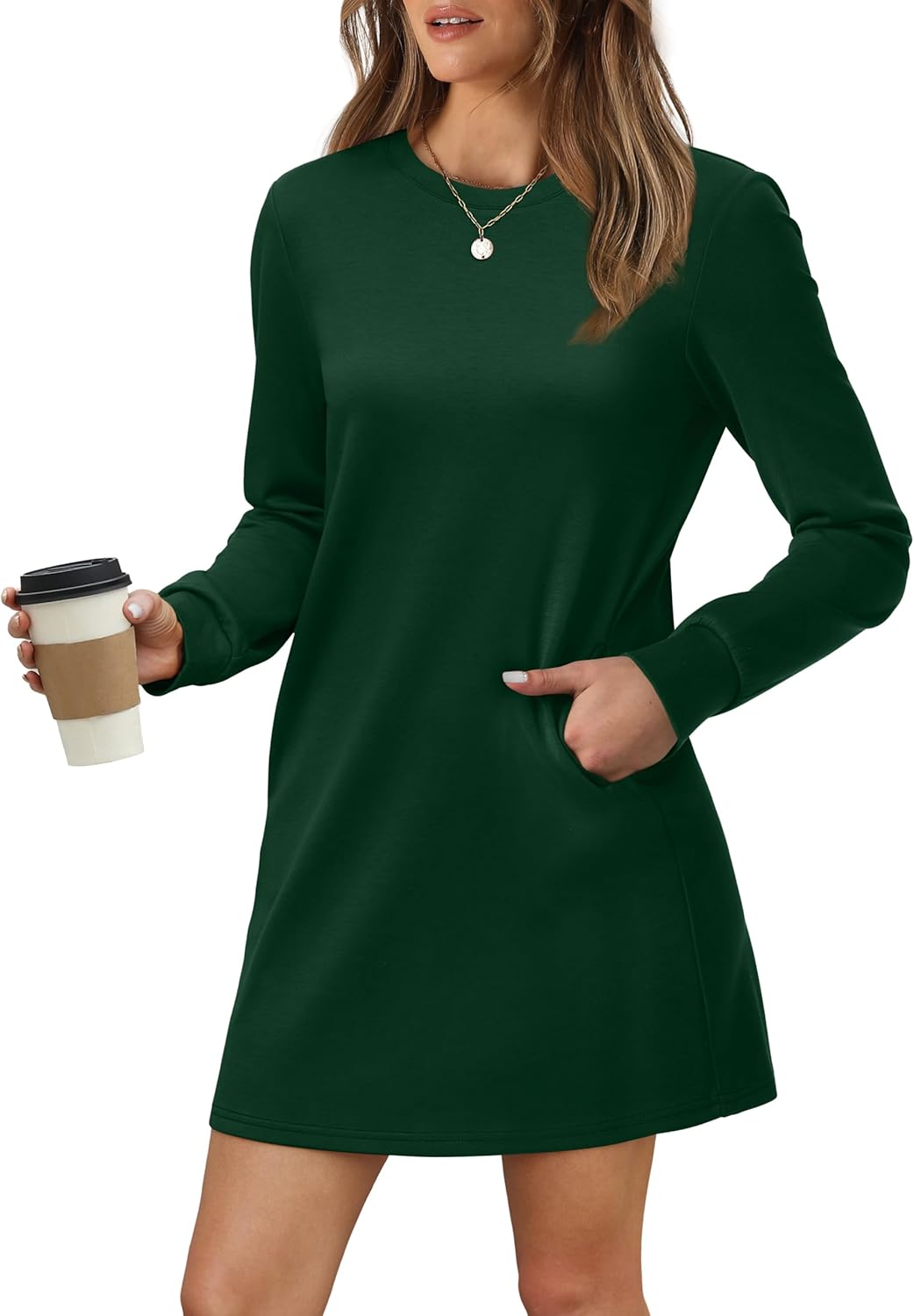 Women's Long Sleeve Casual Loose Fit Fall Fashion Crewneck Mini Dress with Pockets