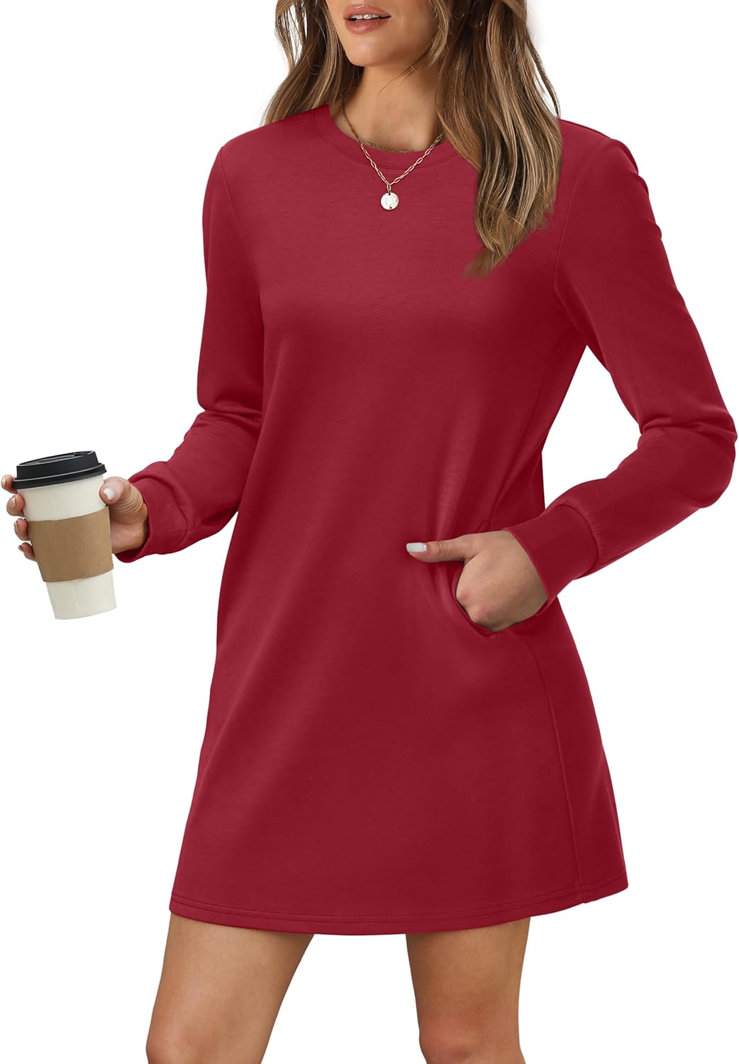 Women's Long Sleeve Casual Loose Fit Fall Fashion Crewneck Mini Dress with Pockets