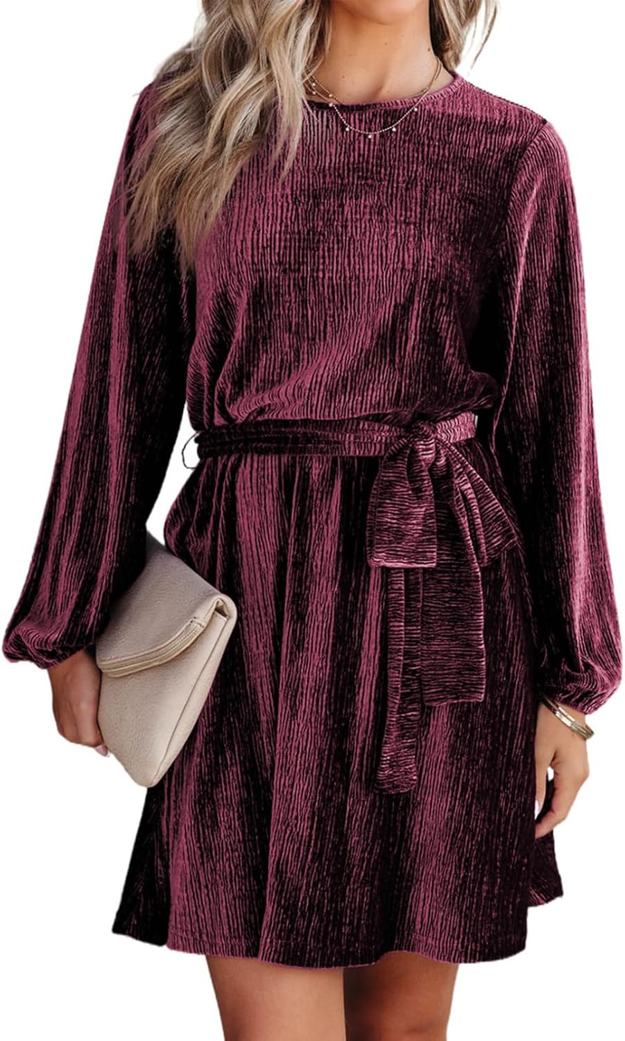 Women's Velvet Lantern Sleeve High Waist Dress