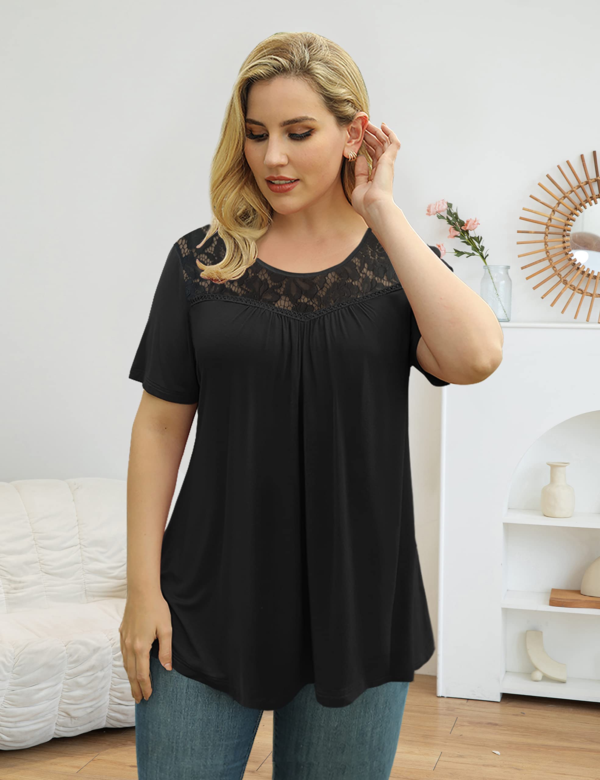 Women's Plus Size Summer Tops Short Sleeve Shirts Lace Pleated Tunic Tops Blouses M-4XL