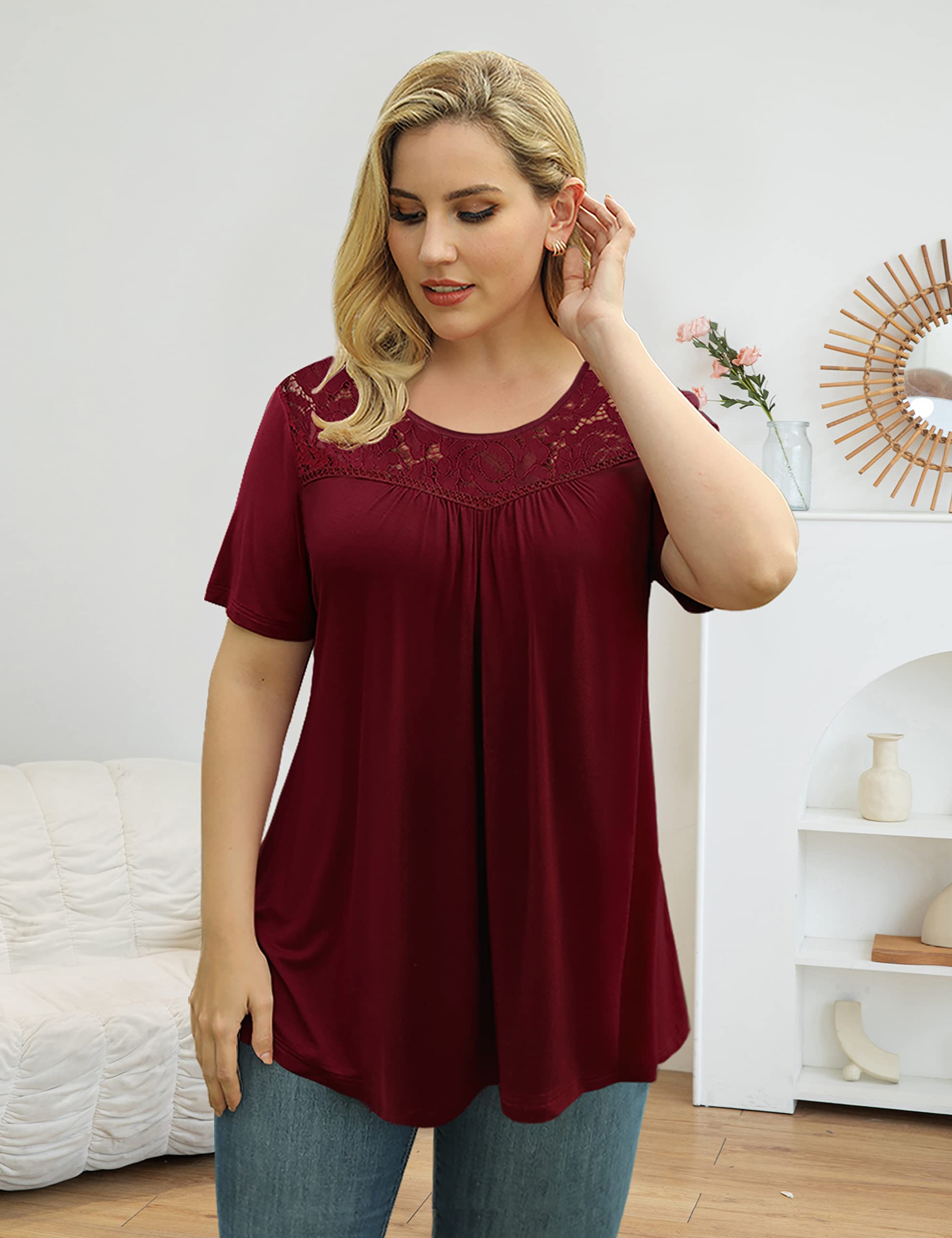 Women's Plus Size Summer Tops Short Sleeve Shirts Lace Pleated Tunic Tops Blouses M-4XL