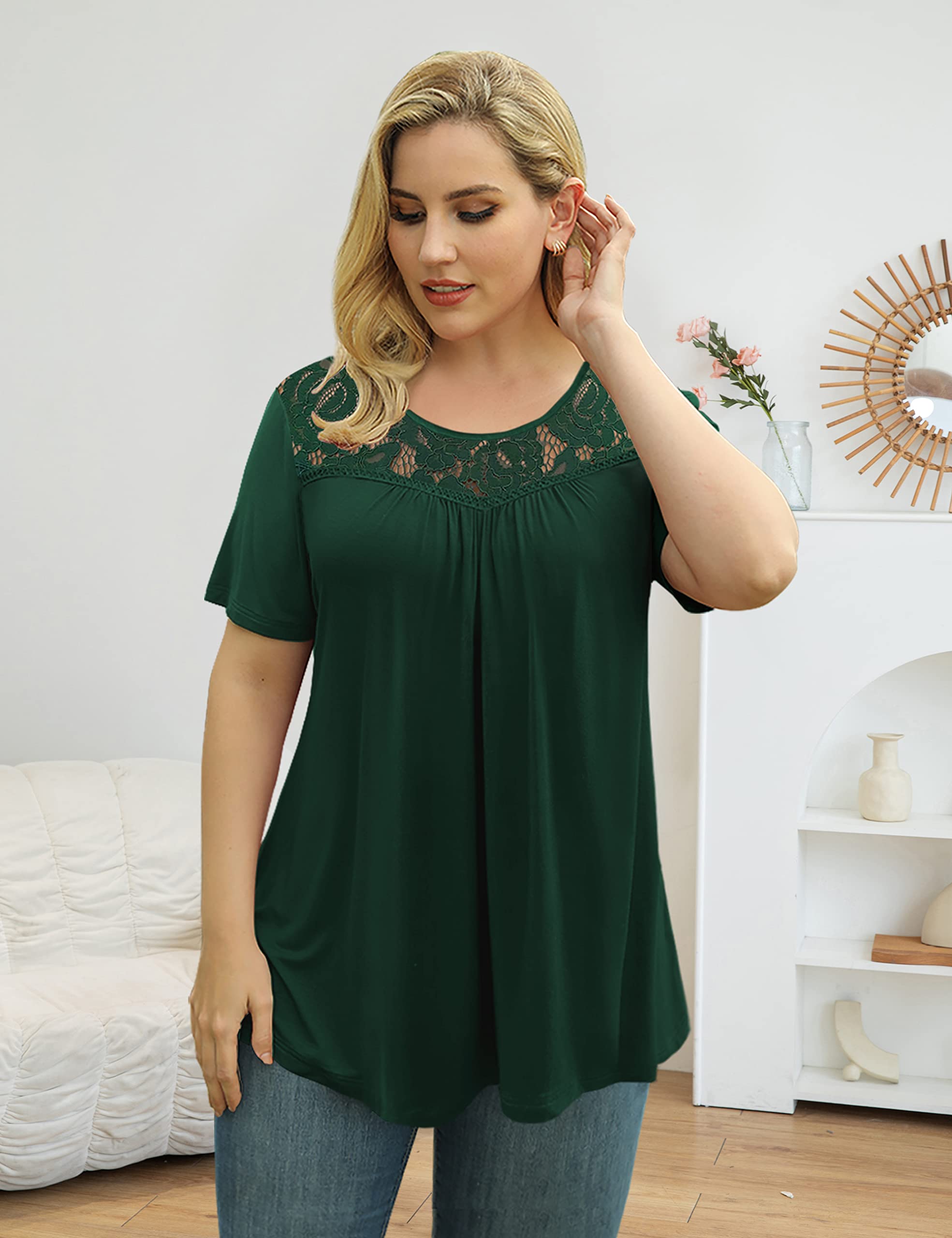Women's Plus Size Summer Tops Short Sleeve Shirts Lace Pleated Tunic Tops Blouses M-4XL