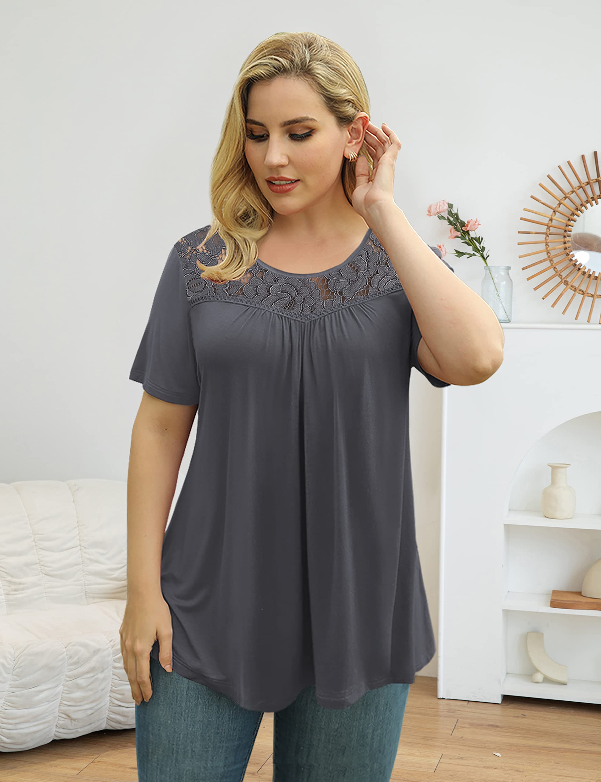 Women's Plus Size Summer Tops Short Sleeve Shirts Lace Pleated Tunic Tops Blouses M-4XL