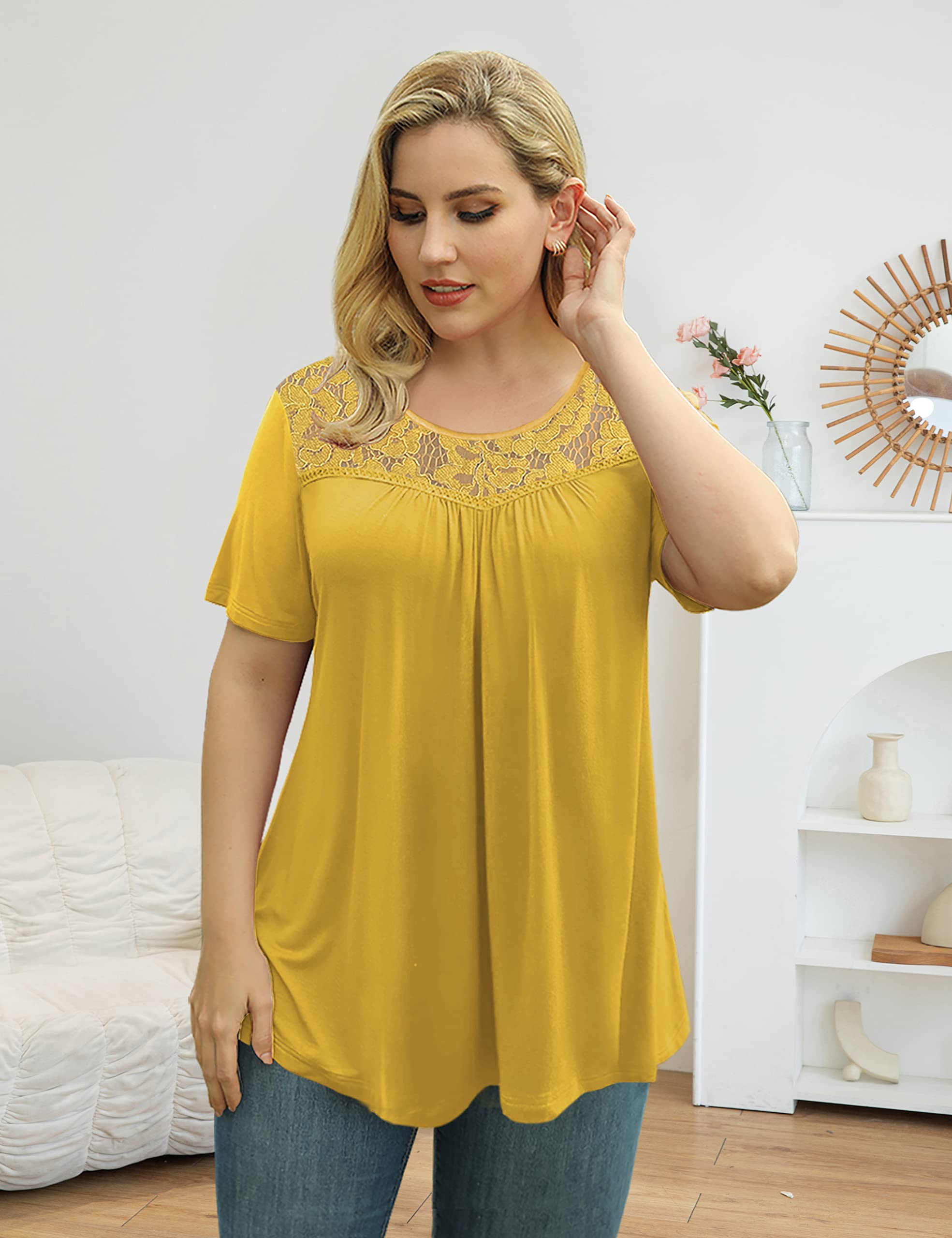 Women's Plus Size Summer Tops Short Sleeve Shirts Lace Pleated Tunic Tops Blouses M-4XL