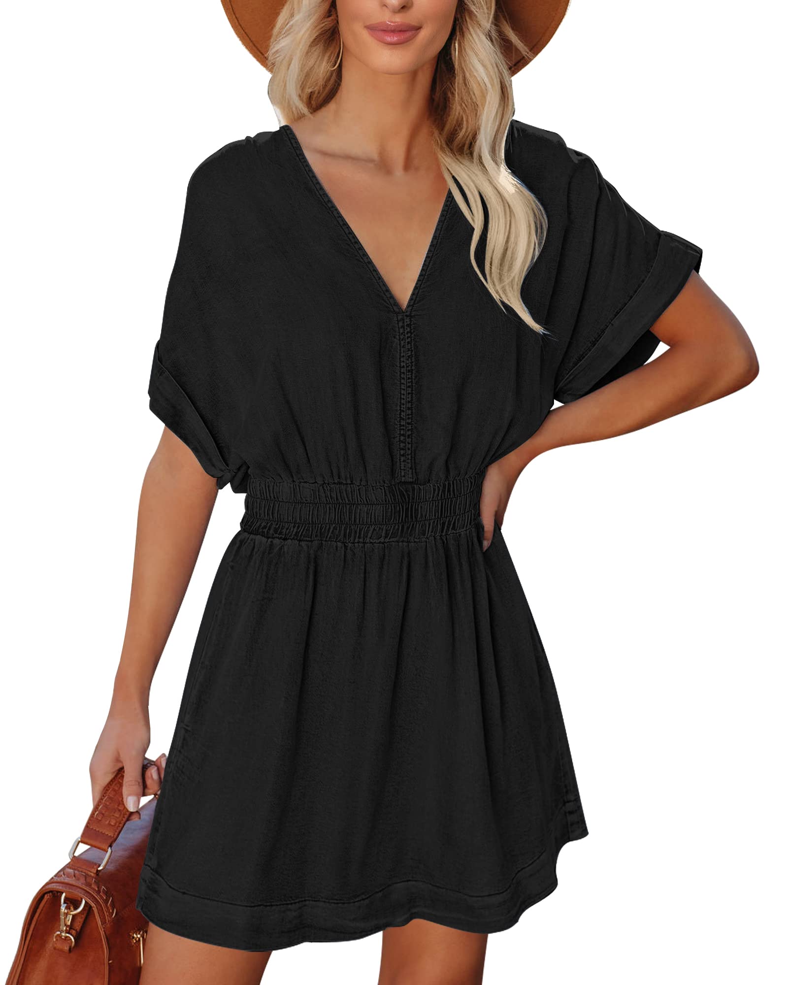 Waistband slimming V-neck denim dress with Pockets