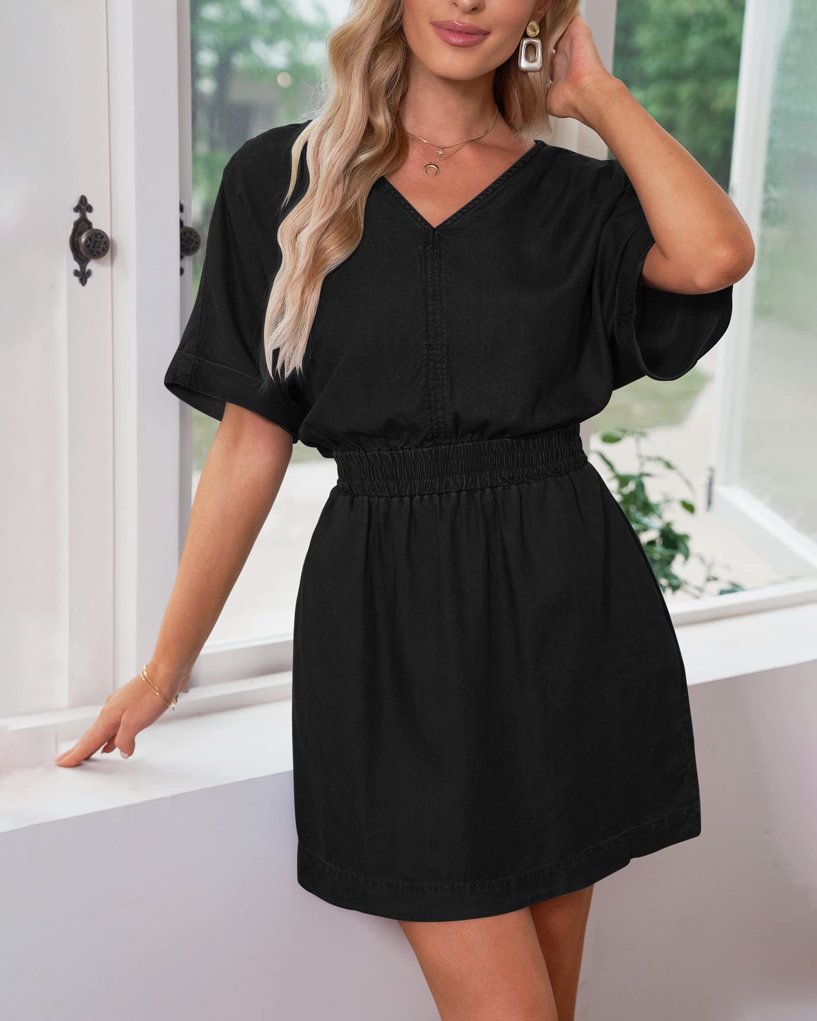 Waistband slimming V-neck denim dress with Pockets