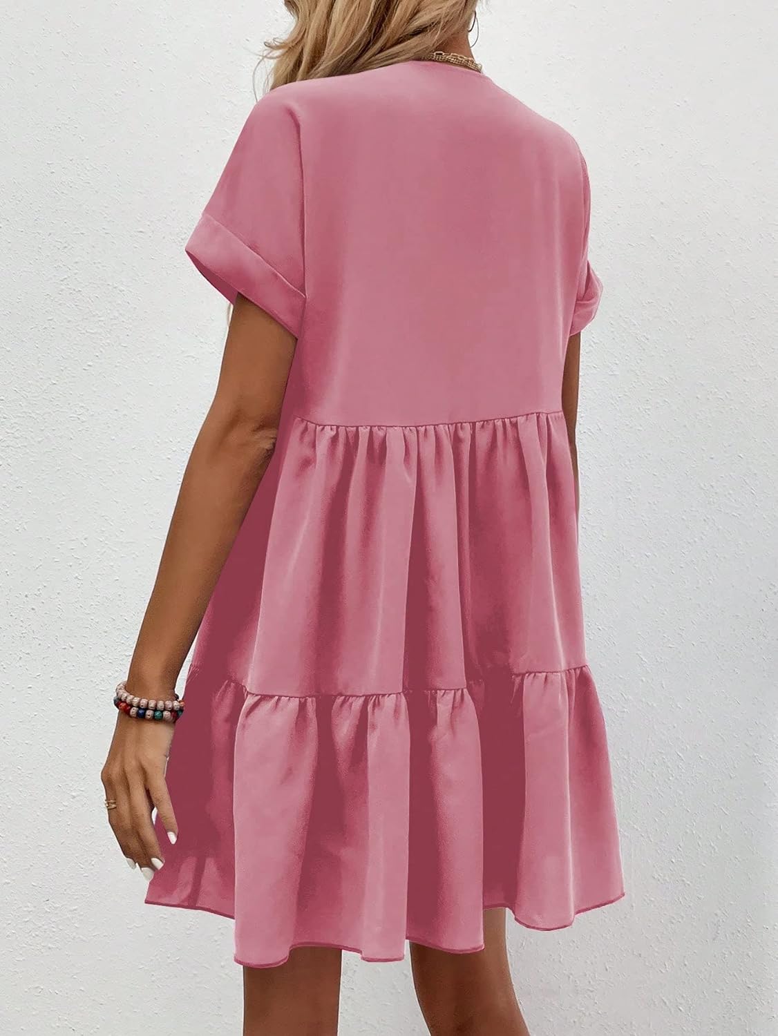 Women's Roll Up Short Sleeve V Neck Solid Smock Dress