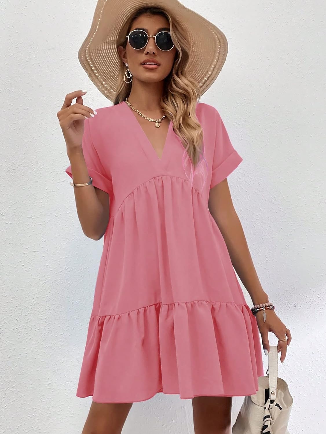 Women's Roll Up Short Sleeve V Neck Solid Smock Dress