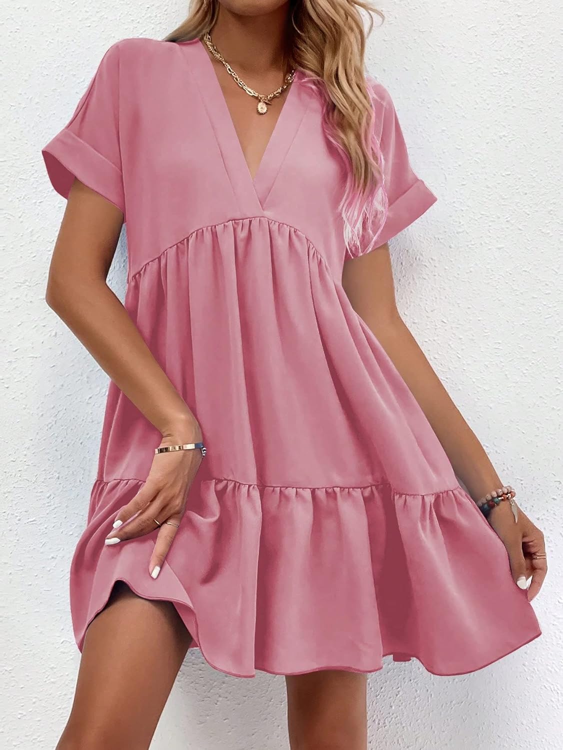Women's Roll Up Short Sleeve V Neck Solid Smock Dress