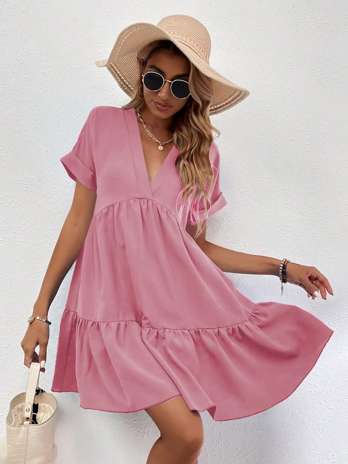 Women's Roll Up Short Sleeve V Neck Solid Smock Dress