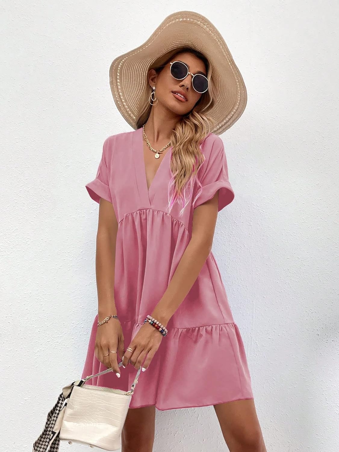 Women's Roll Up Short Sleeve V Neck Solid Smock Dress