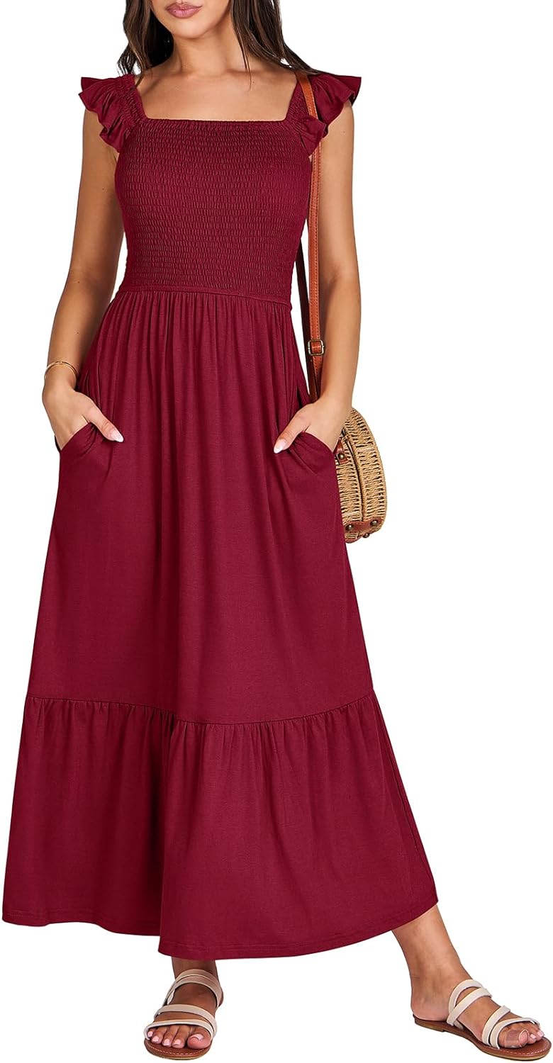 Women’s Summer Maxi Dress Square Neck Ruffle Sleeveless Smocked Tiered Casual Beach Sundress with Pockets