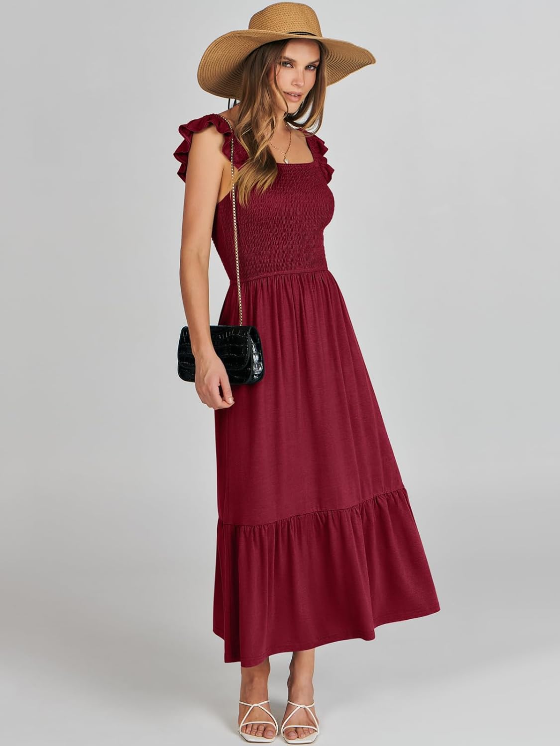 Women’s Summer Maxi Dress Square Neck Ruffle Sleeveless Smocked Tiered Casual Beach Sundress with Pockets