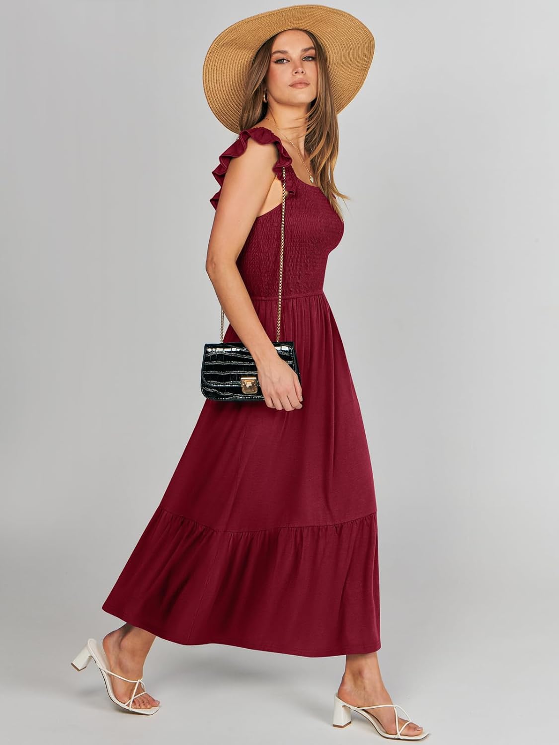 Women’s Summer Maxi Dress Square Neck Ruffle Sleeveless Smocked Tiered Casual Beach Sundress with Pockets